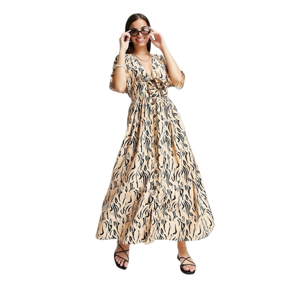 ASOS Maxi Dress Women’s 4 US Natural Animal Print Knot Front Button‎